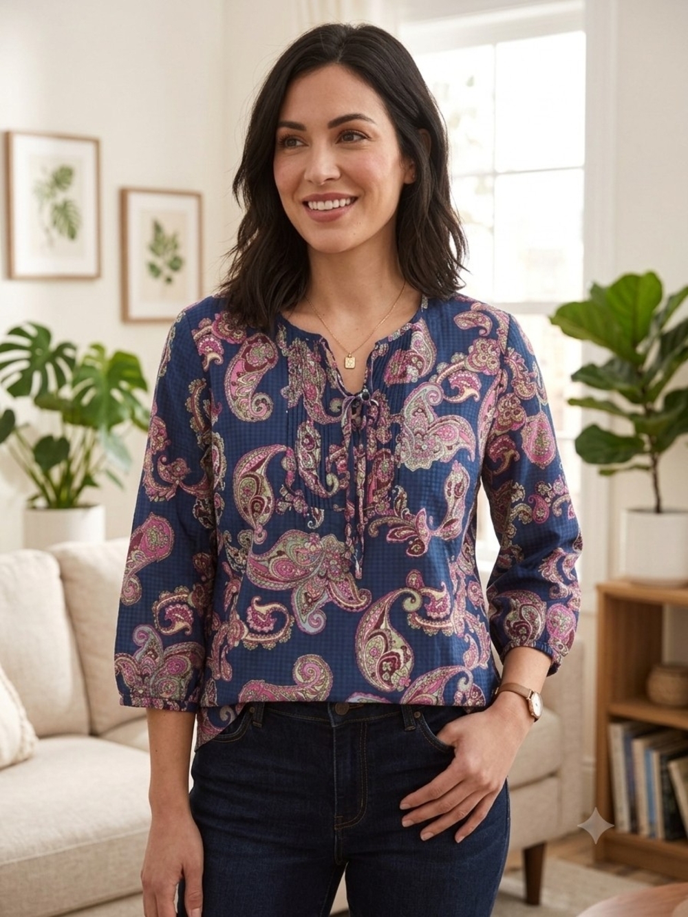 BonWorth Blue Paisley Pleated Pintuck Tunic Blouse Top XL